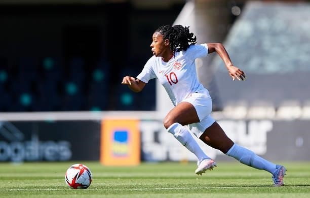 Ashley Lawrence of Canada runs with the ball during the Women's International friendly match between Canada and Czech Republic at Estadio Cartagonova...