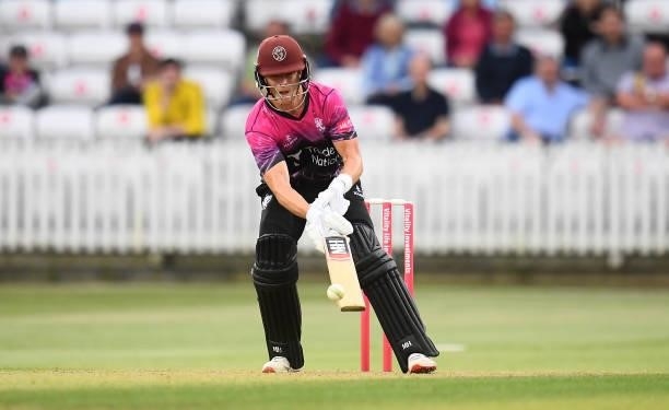 Tom Abell of Somerset plays a scoop shot during the Vitality T20 Blast match between Somerset and Surrey at The Cooper Associates County Ground on...