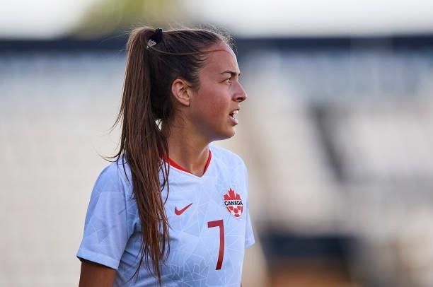 Julia Grosso of Canada looks on during the Women's International friendly match between Canada and Czech Republic at Estadio Cartagonova on June 11,...