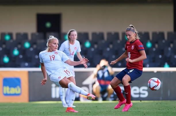 Adriana Leon of Canada competes for the ball with Marketa Ringelova of Czech Republic during the Women's International friendly match between Canada...