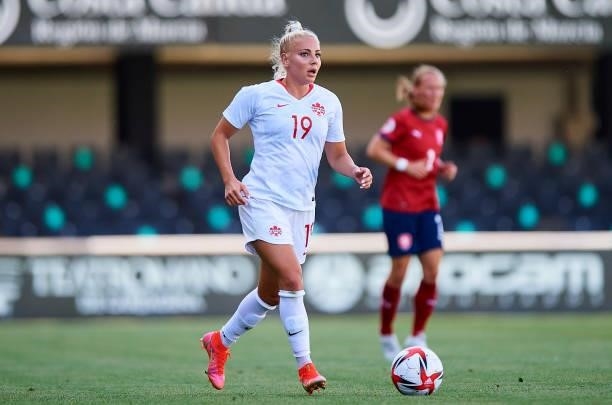 Adriana Leon of Canada in action during the Women's International friendly match between Canada and Czech Republic at Estadio Cartagonova on June 11,...