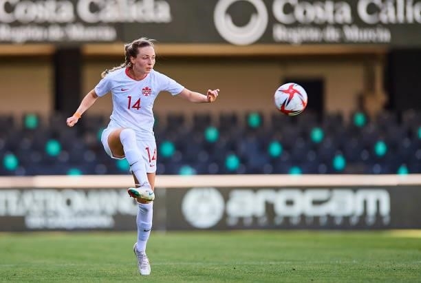 Gabrielle Carle of Canada controls the ball during the Women's International friendly match between Canada and Czech Republic at Estadio Cartagonova...