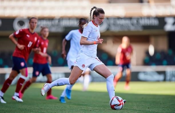 Gabrielle Carle of Canada in action during the Women's International friendly match between Canada and Czech Republic at Estadio Cartagonova on June...