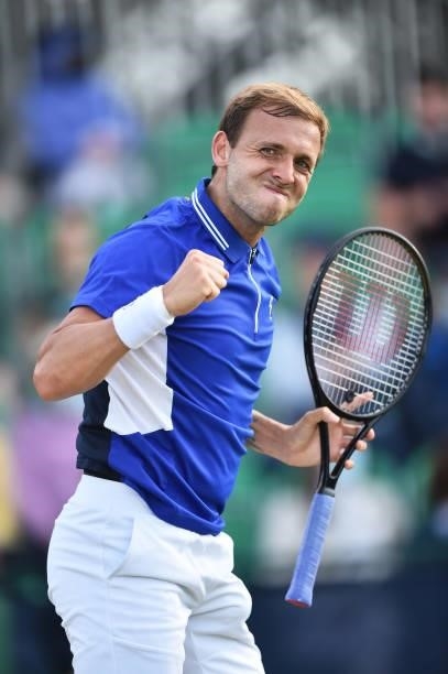Daniel Evans of Great Britain celebrates as he plays against Denis Kudla of United States during the men’s singles match on day seven at Nottingham...