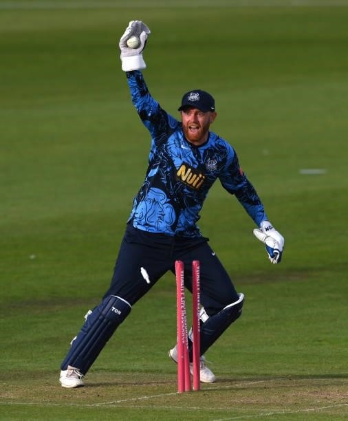 Yorkshire wicketkeeper Jonathan Bairstow appeals for a run out during the Vitality T20 Blast match between Durham Cricket and Yorkshire Vikings at...
