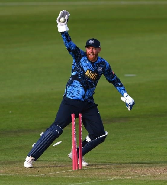 Yorkshire wicketkeeper Jonathan Bairstow appeals for a run out during the Vitality T20 Blast match between Durham Cricket and Yorkshire Vikings at...