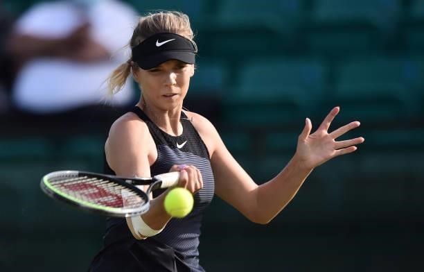 Katie Boulter of Great Britain react as she plays against Lauren Davis of United States during the women's singles match on day seven at Nottingham...