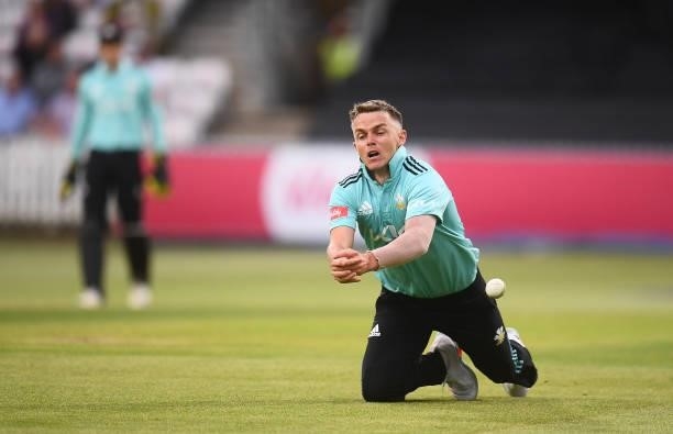Sam Curran of Surrey drops a catch from their own bowling to dismiss Ben Green of Somerset during the Vitality T20 Blast match between Somerset and...