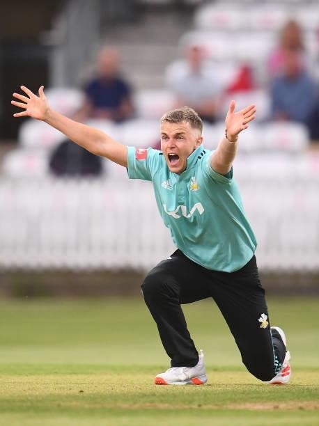 Sam Curran of Surrey appeals unsuccessfully for the LBW of Ben Green of Somerset during the Vitality T20 Blast match between Somerset and Surrey at...