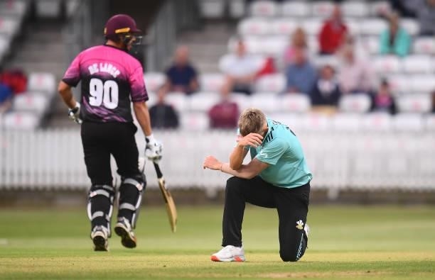 Sam Curran of Surrey reacts after appealing unsuccessfully for the LBW of Ben Green of Somerset during the Vitality T20 Blast match between Somerset...