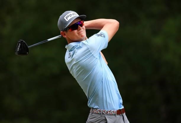 Wilco Nienaber of South Africa plays his shot from the 12th tee during the second round of the Palmetto Championship at Congaree on June 11, 2021 in...