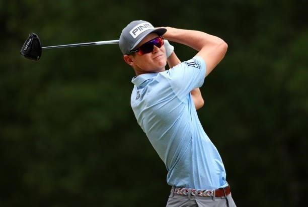 Wilco Nienaber of South Africa plays his shot from the 12th tee during the second round of the Palmetto Championship at Congaree on June 11, 2021 in...