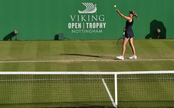 Katie Boulter of Great Britain serves against Lauren Davis of United States during the women's singles match on day seven at Nottingham Tennis Centre...