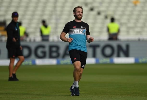 Kane Williamson of New Zealand runs after the second day of the second LV= Test Match between England and New Zealand at Edgbaston on June 11, 2021...