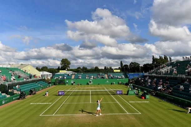 General view as Lauren Davis of United States serves to Katie Boulter of Great Britain during the women's singles match on day seven at Nottingham...