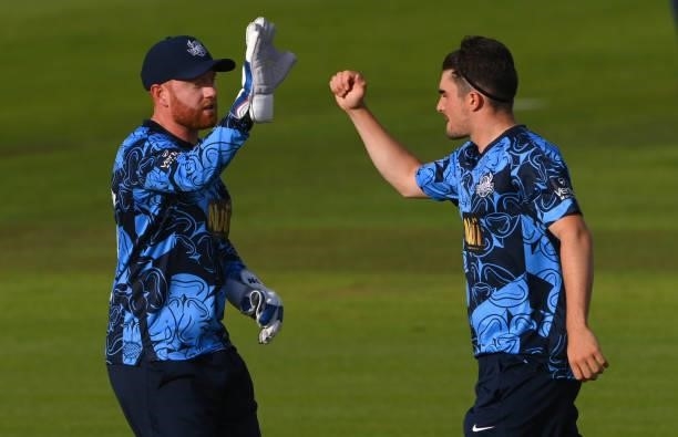 Yorkshire wicketkeeper Jonathan Bairstow congratulates bowler Jordan Thompson after taking the wicket of Ben Raine during the Vitality T20 Blast...