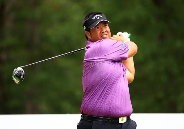 Kiradech Aphibarnrat of Thailand plays his shot from the 12th tee during the second round of the Palmetto Championship at Congaree on June 11, 2021...