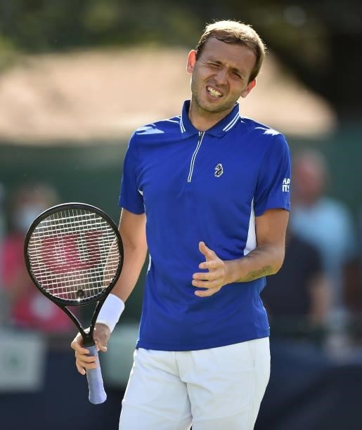 Daniel Evans of Great Britain reacts as he plays against Denis Kudla of United States during the men’s singles match on day seven at Nottingham...