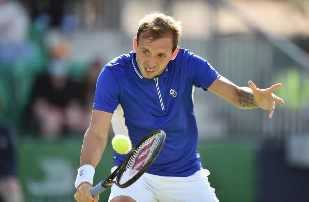 Daniel Evans of Great Britain plays against Denis Kudla of United States during the men’s singles match on day seven at Nottingham Tennis Centre on...