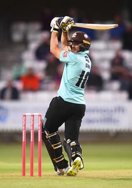 Laurie Evans of Surrey plays a shot during the Vitality T20 Blast match between Somerset and Surrey at The Cooper Associates County Ground on June...