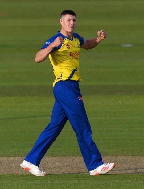 Durham bowler Matthew Potts celebrates after taking the wicket of Adam Lyth during the Vitality T20 Blast match between Durham Cricket and Yorkshire...