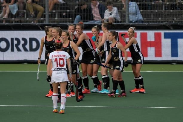 Sonja Zimmermann of Germany scores second Germany goal during the Euro Hockey Championships match between Duitsland and Spanje at Wagener Stadion on...