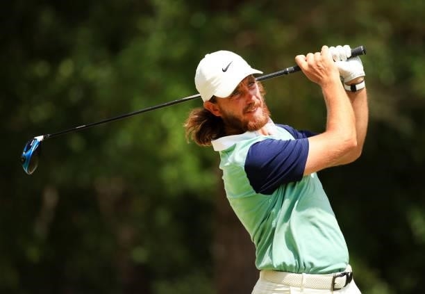 Tommy Fleetwood of England plays his shot from the 12th tee during the second round of the Palmetto Championship at Congaree on June 11, 2021 in...