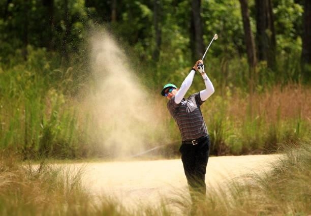 Ricky Barnes plays a shot from a bunker on the 11th hole during the second round of the Palmetto Championship at Congaree on June 11, 2021 in...