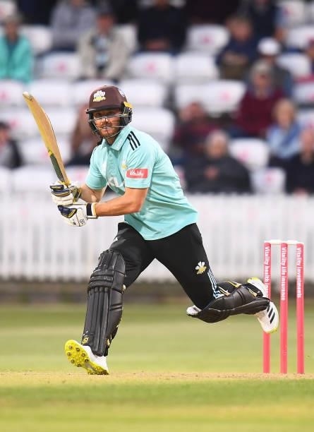 Laurie Evans of Surrey plays a shot during the Vitality T20 Blast match between Somerset and Surrey at The Cooper Associates County Ground on June...