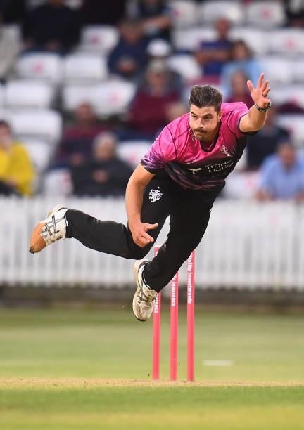 Marchant De Lange of Somerset in bowling action during the Vitality T20 Blast match between Somerset and Surrey at The Cooper Associates County...