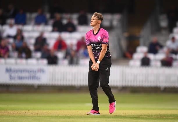 Max Waller of Somerset looks on during the Vitality T20 Blast match between Somerset and Surrey at The Cooper Associates County Ground on June 11,...