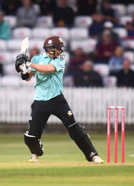 Sam Curran of Surrey plays a shot during the Vitality T20 Blast match between Somerset and Surrey at The Cooper Associates County Ground on June 11,...