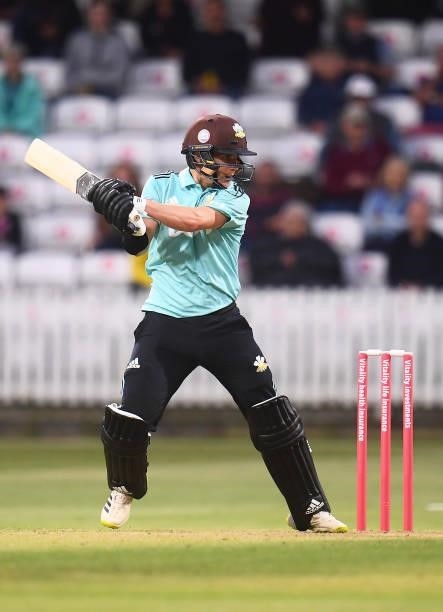 Sam Curran of Surrey plays a shot during the Vitality T20 Blast match between Somerset and Surrey at The Cooper Associates County Ground on June 11,...