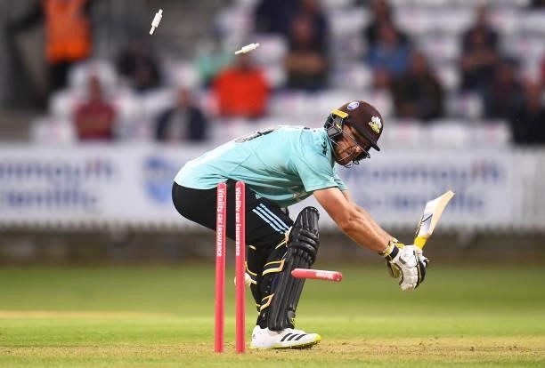 Laurie Evans of Surrey is bowled by Marchant De Lange of Somerset for 65 during the Vitality T20 Blast match between Somerset and Surrey at The...