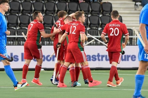 Hywel Jones of Wales, Stephen Kelly of Wales, Jolyon Morgan of Wales celebrating during the Euro Hockey Championships Men match between Wales and...