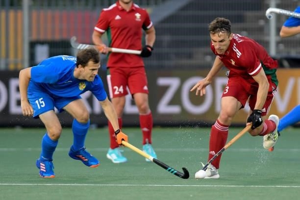 Pavel Golubev of Russia, Daniel Kyriakides of Wales during the Euro Hockey Championships Men match between Wales and Russia at Wagener Stadion on...