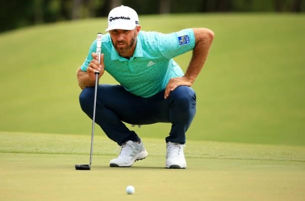 Dustin Johnson lines up a putt on the 11th green during the second round of the Palmetto Championship at Congaree on June 11, 2021 in Ridgeland,...