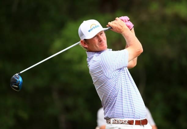 Brandt Snedeker plays his shot from the 12th tee during the second round of the Palmetto Championship at Congaree on June 11, 2021 in Ridgeland,...