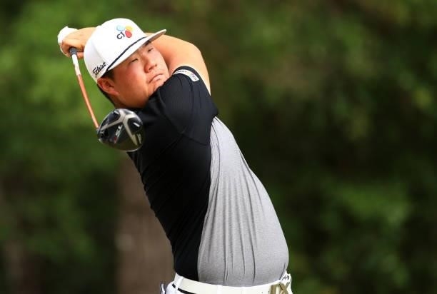 Sungjae Im of Korea plays his shot from the 12th tee during the second round of the Palmetto Championship at Congaree on June 11, 2021 in Ridgeland,...