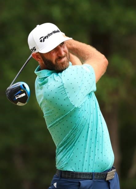 Dustin Johnson plays his shot from the 12th tee during the second round of the Palmetto Championship at Congaree on June 11, 2021 in Ridgeland, South...