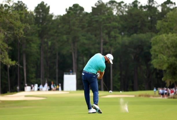 Dustin Johnson plays his shot from the 12th fairway during the second round of the Palmetto Championship at Congaree on June 11, 2021 in Ridgeland,...