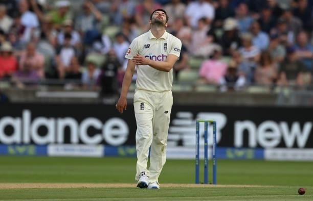 Mark Wood of England reacts during the second day of the second LV= Test Match between England and New Zealand at Edgbaston on June 11, 2021 in...