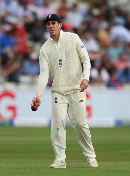 Dan Lawrence of England holds the ball during the second day of the second LV= Test Match between England and New Zealand at Edgbaston on June 11,...