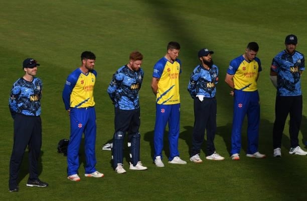 Players from both sides line up for the 'Moment of Unity' before the Vitality T20 Blast match between Durham Cricket and Yorkshire Vikings at...