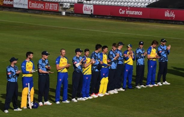 Players from both sides line up for the 'Moment of Unity' before the Vitality T20 Blast match between Durham Cricket and Yorkshire Vikings at...