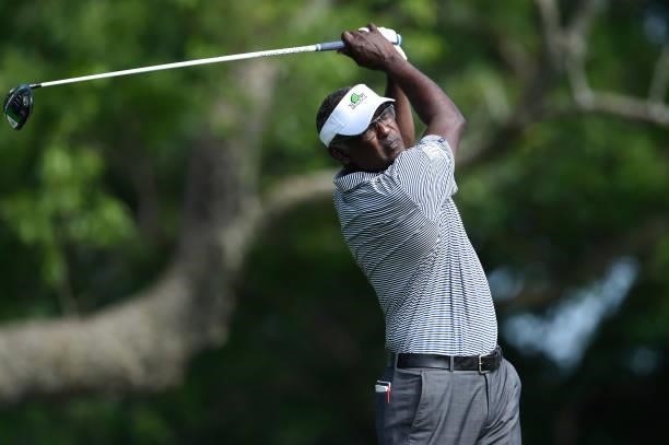 Vijay Singh of Fiji hits his tee shot on the second hole during the first round of the American Family Insurance Championship at University Ridge...
