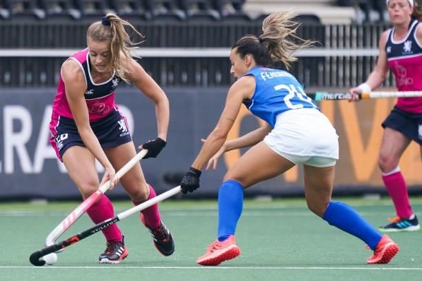 Robyn Collins of Scotland battles for possession with Luciana Fernandez of Italy during the Euro Hockey Championships match between Scotland and...