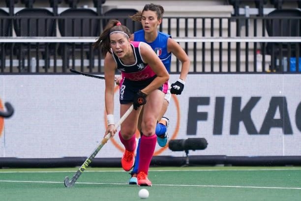 Amy Costello of Scotland and Ilaria Sarnari of Italy during the Euro Hockey Championships match between Scotland and Italy at Wagener Stadion on June...