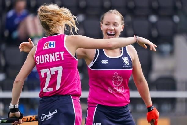 Sarah Robertson of Scotland celebrates after scoring her sides second goal with Fiona Burnet of Scotland during the Euro Hockey Championships match...
