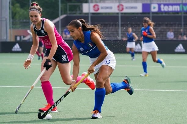 Amy Costello of Scotland and Agueda Moroni of Italy during the Euro Hockey Championships match between Scotland and Italy at Wagener Stadion on June...